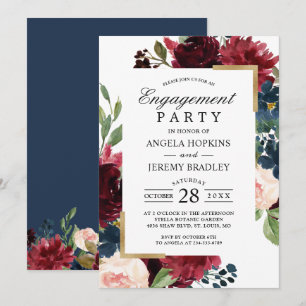 Convite Blush Blush Floral Blue Festa de noivado Dourada