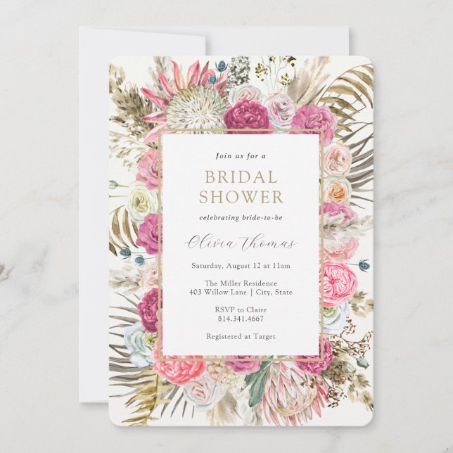 Convite Blush Bohemian Floral Bridal Shower (Frente)