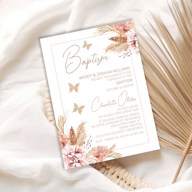 Convite Blush Boho Floral Butterflies Baptism (Boho Floral Butterflies Baptism Invitation For Baby Girl, Bohemian Floral Butterfly Baptism Invite)