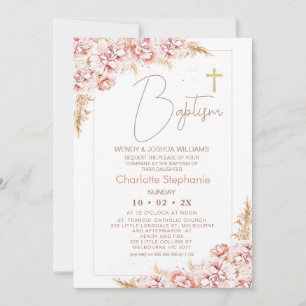 Convite Blush Boho Floral Dourado Cruz Baptism