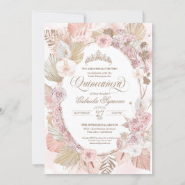 Convite Blush Boho Rosa & Rosas Florais Secas Quinceanera