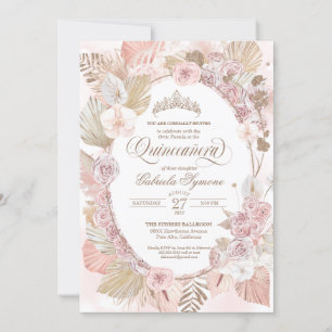 Convite Blush Boho Rosa & Rosas Florais Secas Quinceanera