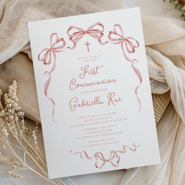 Convite Blush Bow First Communion Invitation (Criador carregado)