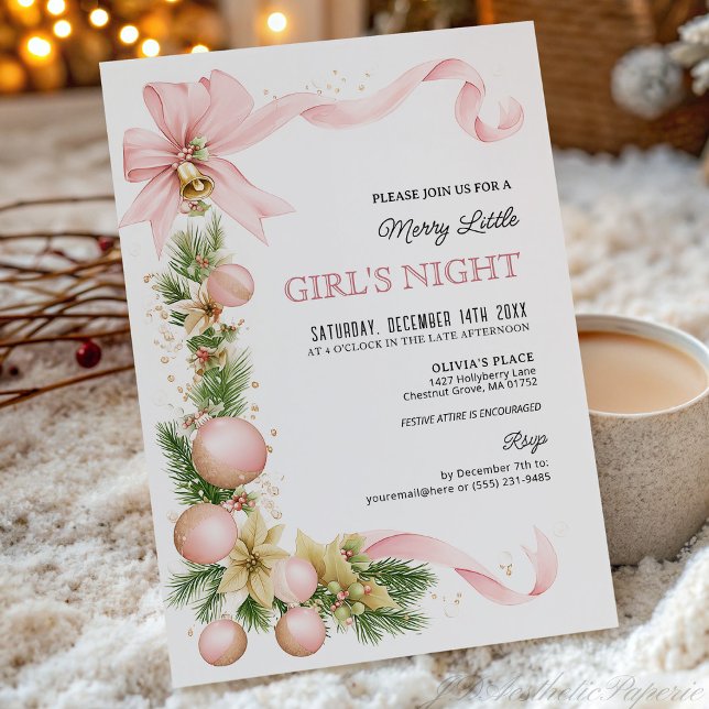 Convite Blush Bow Ornament Christmas Party Invitation   (Criador carregado)