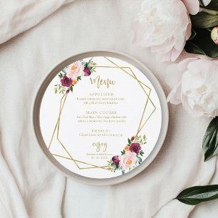 Convite Blush Burgundy Floral Chá de Noiva Cardápio Redond