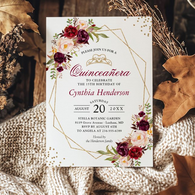 Convite Blush Burgundy Floral Quinceañera 15 Birthday (Criador carregado)
