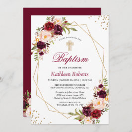 Convite Blush Burgundy Red Floral Baptism Christening