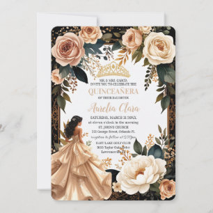 Convite Blush Champagne Ivory Floral Princesa Quinceanera