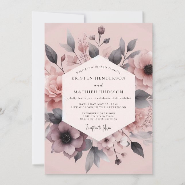 Convite Blush Charcoal Floral Elegance Wedding (Frente)