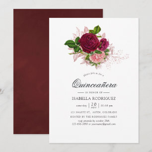 Convite Blush Chic Vintage e Burgundy Floral Quinceañera