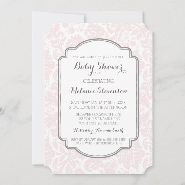 Convite Blush Cinza Damask Custom Baby Shower Invasões par (Verso)