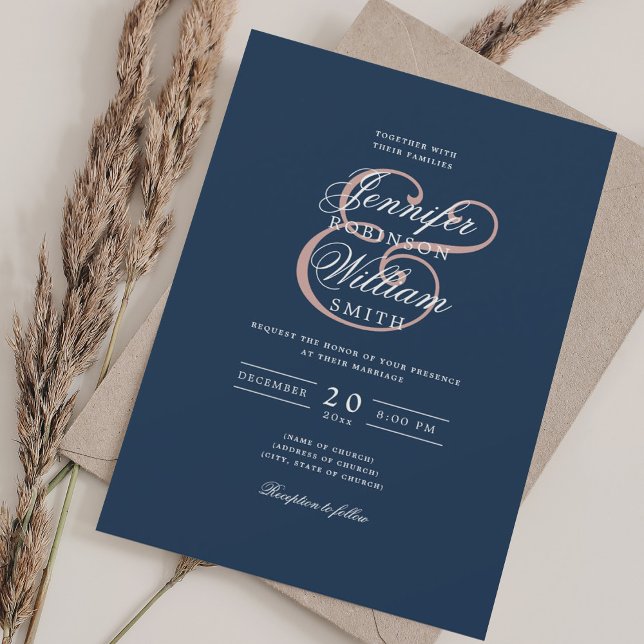 Convite Blush Clássico Romântico Elegante + Marinho Azul (Elegant Romantic Wedding Classic Blush + Navy Blue Invitation)