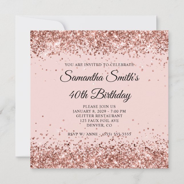 Convite Blush com Glitter em Rose Gold para 40º Aniversári (Frente)