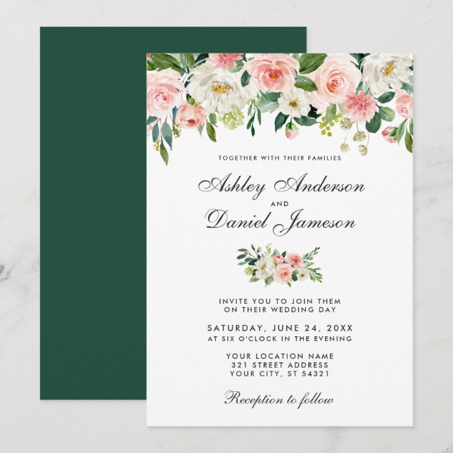 Convite Blush Cor-de-Água Rosa e Casamento Floral Branco G (Frente/Verso)