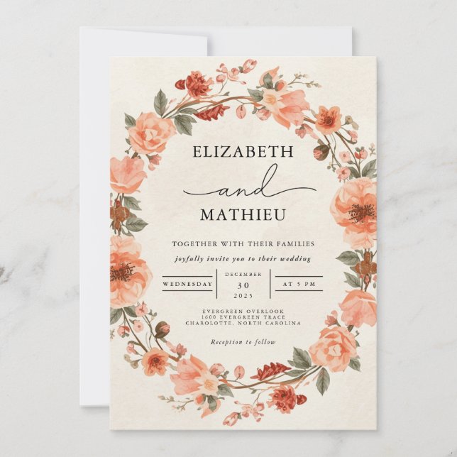 Convite Blush Coral Floral Wreath Wedes (Frente)