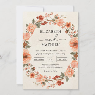 Convite Blush Coral Floral Wreath Wedes
