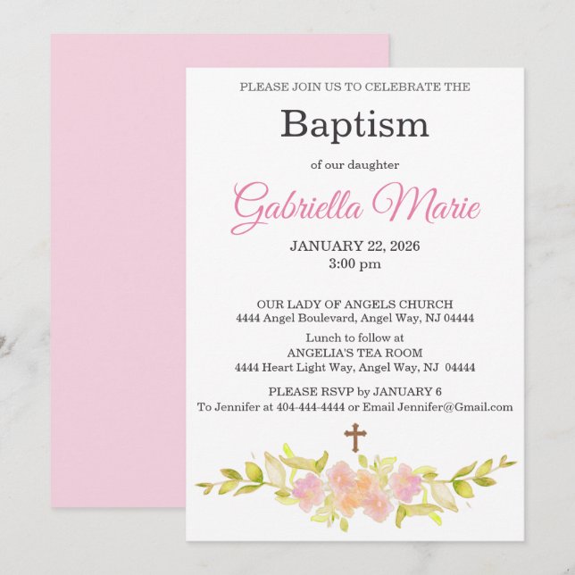 Convite Blush Coral Watercolor Cross Baptism  (Frente/Verso)