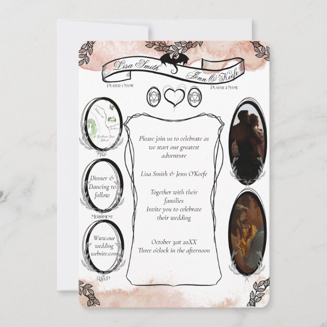 Convite Blush D20 Tabletop RPG Fantasy Dice Wedding (Frente)