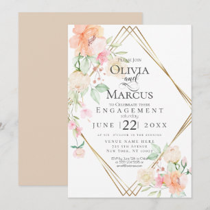 Convite Blush de Engajamento Coral Spring Bouquet Floral C