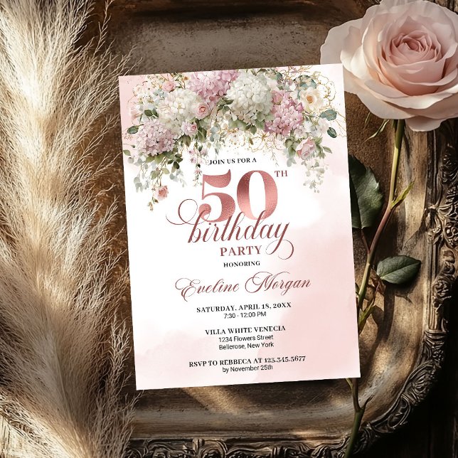 Convite Blush de Flores de Ouro Rosa Moderno Aniversário d (Modern Rose Gold Blush Flowers 50th Birthday Invite)