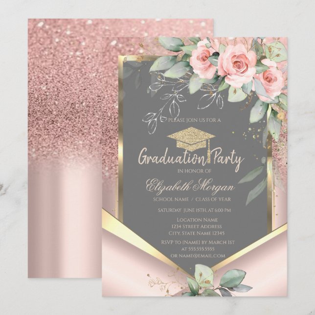 Convite Blush de Glitter Rosa Dourado Graduação Rosas (Frente/Verso)