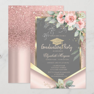 Convite Blush de Glitter Rosa Dourado Graduação Rosas