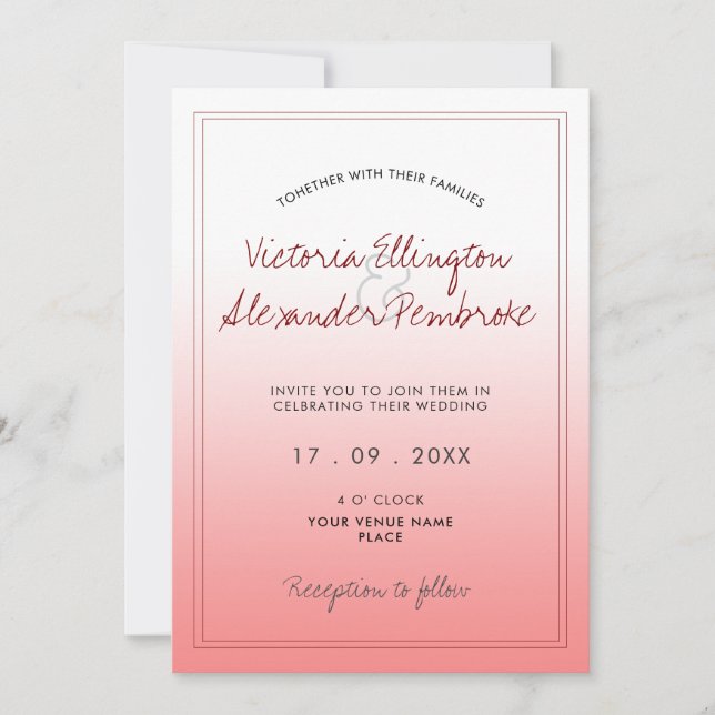 Convite Blush de Gradiente Simples e Casamento Branco (Frente)