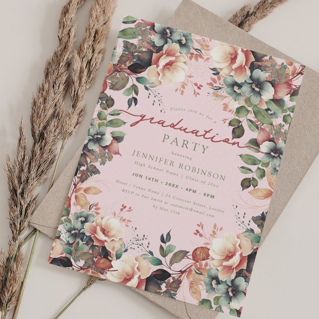 Convite Blush de Graduação Floral do Jardim Botânico Boho (Boho Botanical Garden Floral Graduation Blush Invitation)