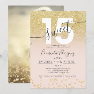 Convite Blush de luz de ouro em quadrícula Quinceanera fo