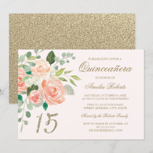 Convite Blush de Purpurina Dourada Quinceanera Floral Pêss