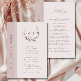 Convite Blush de Rose Gold Monograma Casamento Tudo em Um