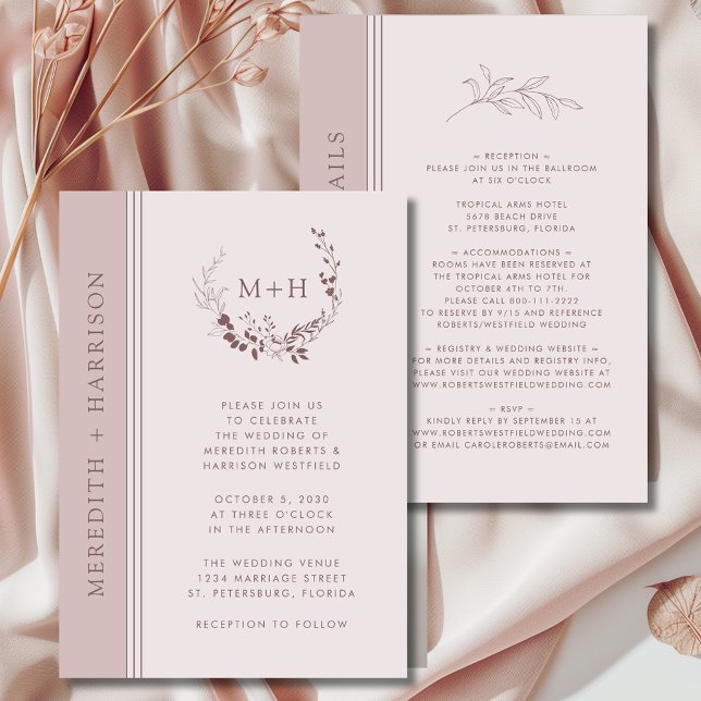 Convite Blush de Rose Gold Monograma Casamento Tudo em Um (Rose Gold Blush Monogram Wreath All in One with Details Wedding Invitation)