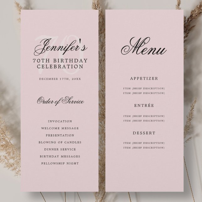 Convite Blush do menu do programa de Festa de aniversário  (Elegant 70th Birthday Party Program Menu Blush )