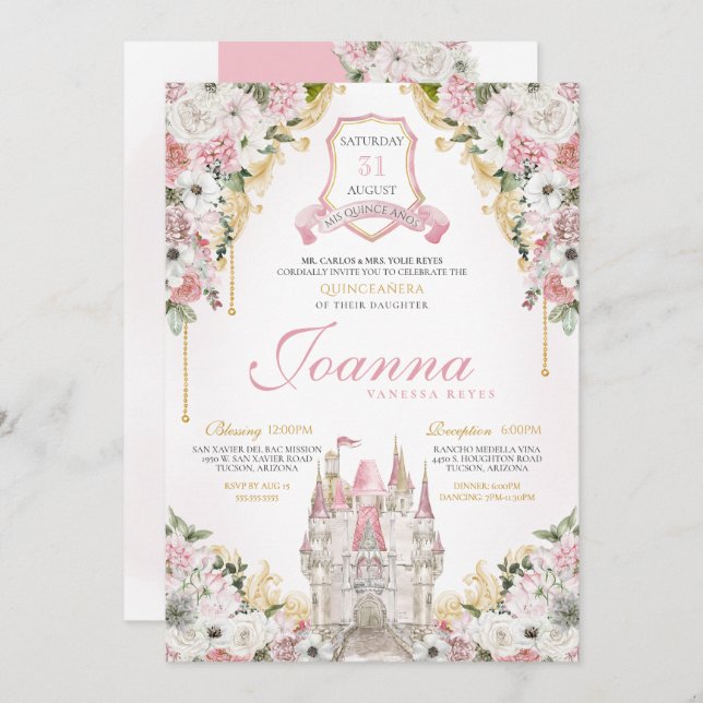 Convite Blush Dourado Castelo Real Princesa Quinceanera (Frente/Verso)
