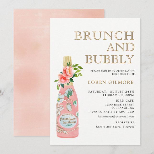 Convite Blush Dourado Floral Brunch e Chá de panela Borrac (Frente/Verso)