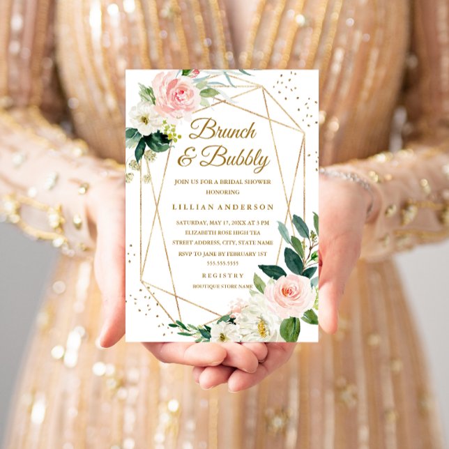Convite Blush Dourado Floral Brunch E Chá de panela De Bor (Criador carregado)
