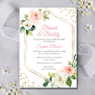 Convite Blush Dourado Floral Brunch E Chá de panela De Bor