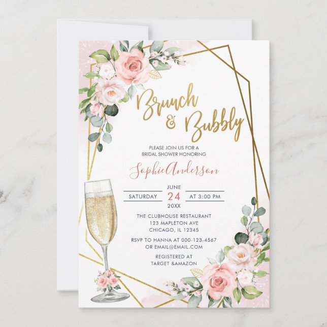 Convite Blush Dourado Floral Brunch E Chá de panela De Bor (Frente)