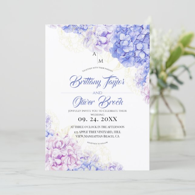 Convite Blush Dusty and Navy Blue Hydrangea Wedding  (Em pé/Frente)