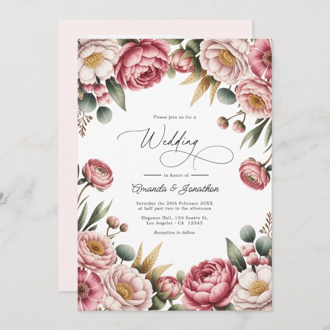 Convite Blush, Dusty Rose & Gold Floral Wedding QR Code (Frente/Verso)