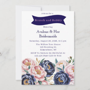 Convite Blush e Marinho Blue Peony Brunch e Bubble