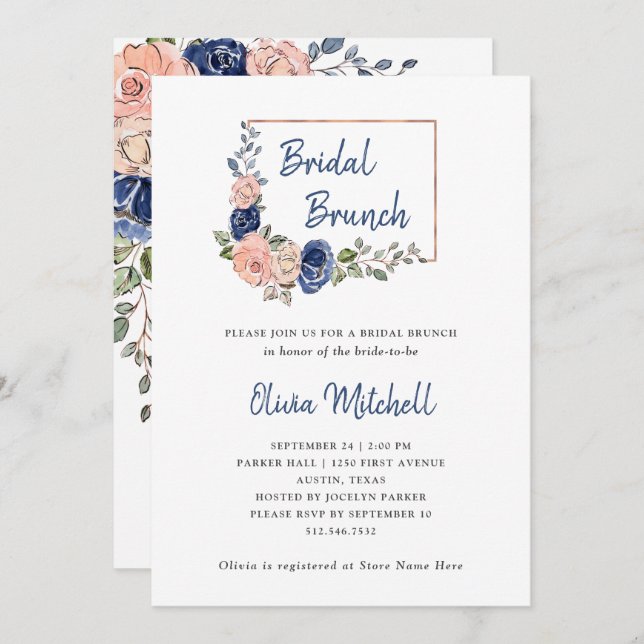 Convite Blush e Marinho - Geométrico| Bridal Brunch (Frente/Verso)