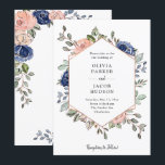 Convite Blush e Marinho - Geométrico | Casamento<br><div class="desc">Este design de casamento moderno apresenta bonito cor-de-rosa e azul-marinho pintado de flores a aquarela em um fundo branco nítido. Um estilo 'chic' e 'trendy' que também apresenta uma imagem geométrica rosa dourada falsa para uma bela aparência 'on-cent'. Uma mistura de texto ousado,  serif e script manuscrito.</div>