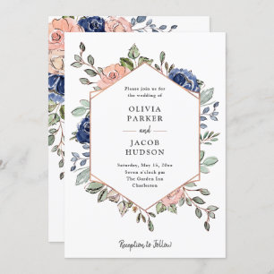 Convite Blush e Marinho - Geométrico  Casamento