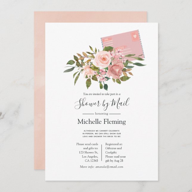Convite Blush e Rosa Dourado Flora Baby ou Chá de panela (Frente/Verso)