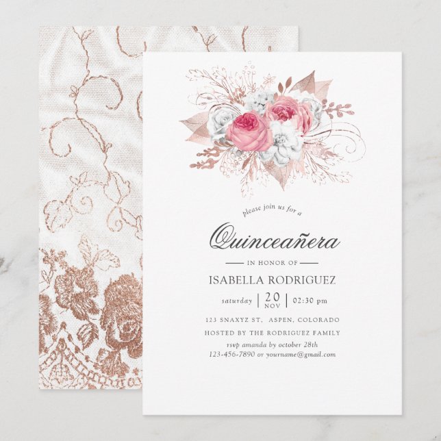Convite Blush e Rosa Dourado Floral e Renda Quinceañera (Frente/Verso)