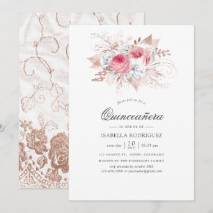 Convite Blush e Rosa Dourado Floral e Renda Quinceañera