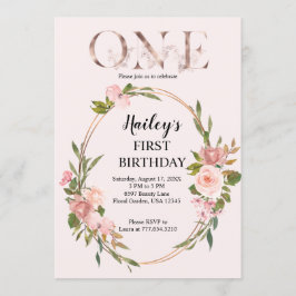 Convite Blush e Rosa Dourado Floral Primeiro Aniversário