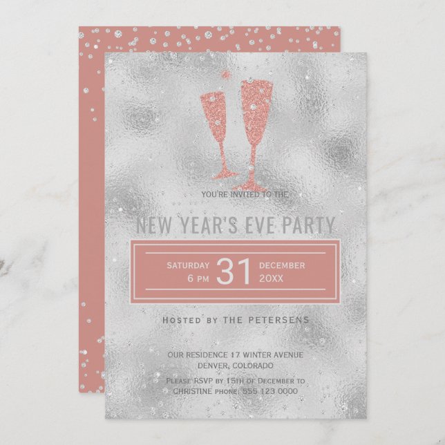 Convite Blush Elegante de Prata Elegante de Festa Eve de A (Frente/Verso)