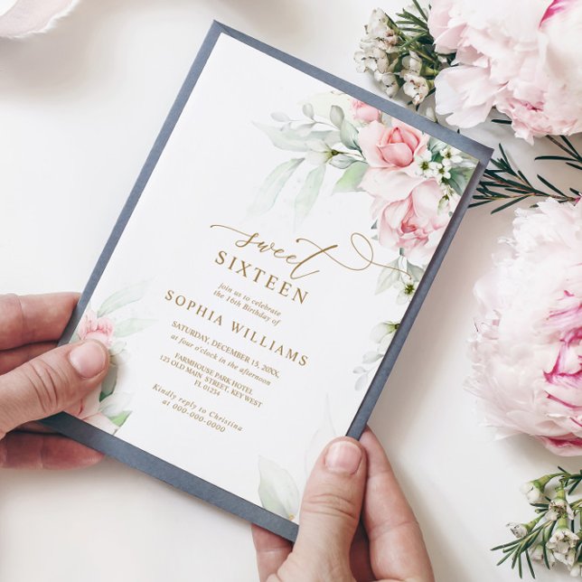Convite Blush & Eucalyptus Floral Sweet 16 Aniversário (Criador carregado)